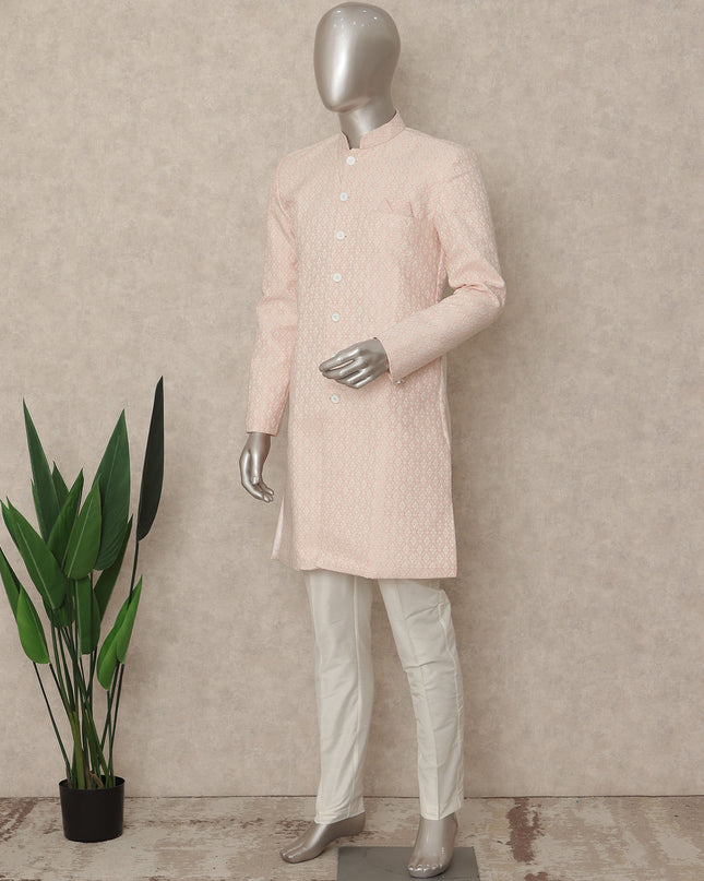 Pastel Pink Cotton Blend Long Kurta Set Men