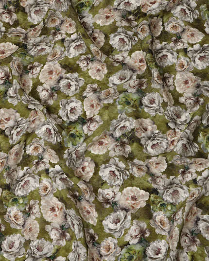 Olive Green Floral Printed Cotton Satin Fabric 110 Cms Width Soft Smooth Lustrous Dress Material India-D27968 - Regal Fabrics