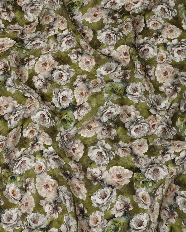 Olive Green Floral Printed Cotton Satin Fabric 110 Cms Width Soft Smooth Lustrous Dress Material India-D27968 - Regal Fabrics