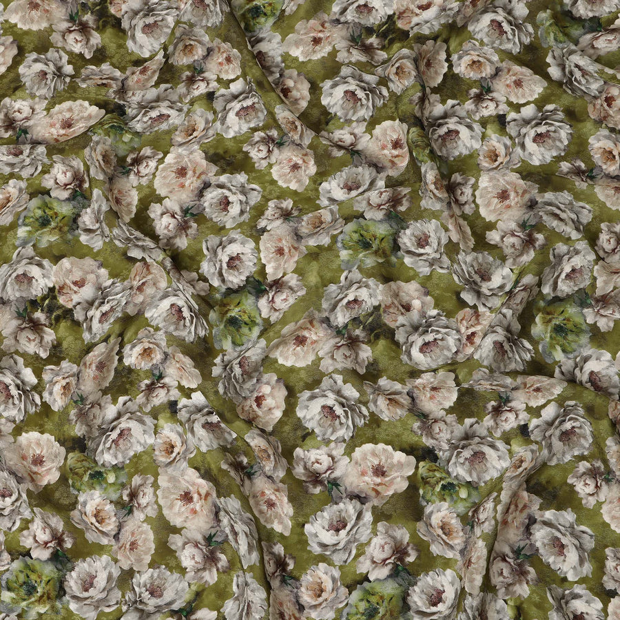 Olive Green Floral Printed Cotton Satin Fabric 110 Cms Width Soft Smooth Lustrous Dress Material India-D27968 - Regal Fabrics