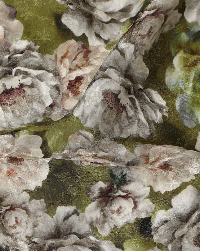 Olive Green Floral Printed Cotton Satin Fabric 110 Cms Width Soft Smooth Lustrous Dress Material India-D27968 - Regal Fabrics