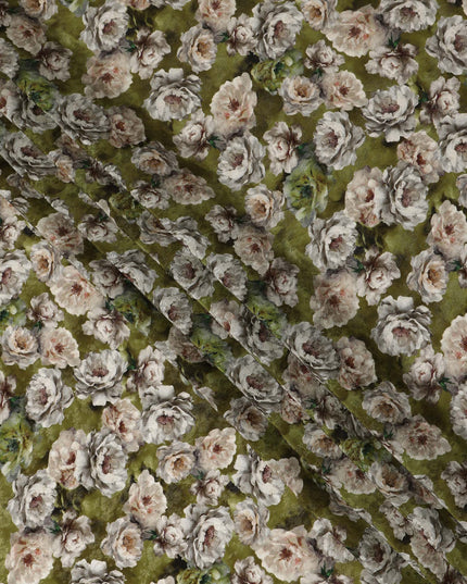 Olive Green Floral Printed Cotton Satin Fabric 110 Cms Width Soft Smooth Lustrous Dress Material India-D27968 - Regal Fabrics