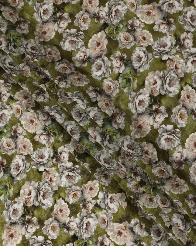 Olive Green Floral Printed Cotton Satin Fabric 110 Cms Width Soft Smooth Lustrous Dress Material India-D27968 - Regal Fabrics