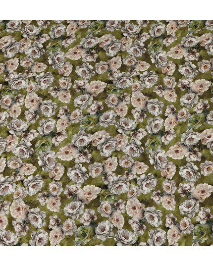 Olive Green Floral Printed Cotton Satin Fabric 110 Cms Width Soft Smooth Lustrous Dress Material India-D27968 - Regal Fabrics
