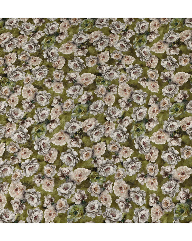 Olive Green Floral Printed Cotton Satin Fabric 110 Cms Width Soft Smooth Lustrous Dress Material India-D27968 - Regal Fabrics
