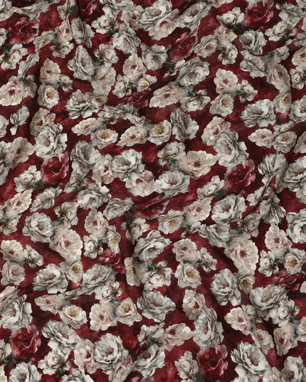 Red Vintage Floral Blossom Print Viscose Crepe Fabric, 110 Cms Width, Made in India-D28261