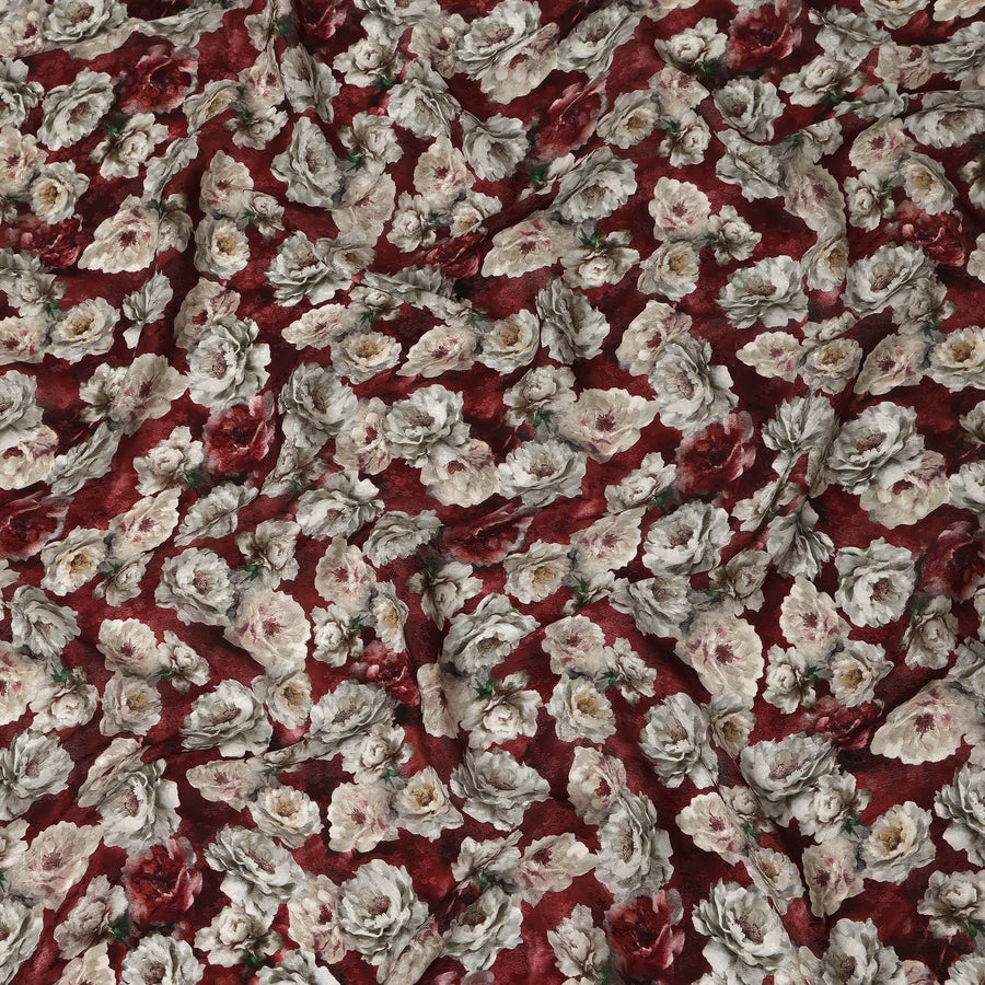 Red Vintage Floral Blossom Print Viscose Crepe Fabric, 110 Cms Width, Made in India-D28261