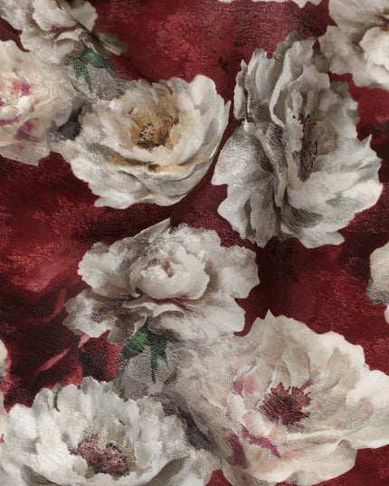 Red Vintage Floral Blossom Print Viscose Crepe Fabric, 110 Cms Width, Made in India-D28261