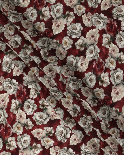 Red Vintage Floral Blossom Print Viscose Crepe Fabric, 110 Cms Width, Made in India-D28261
