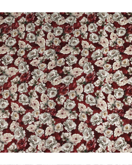Red Vintage Floral Blossom Print Viscose Crepe Fabric, 110 Cms Width, Made in India-D28261