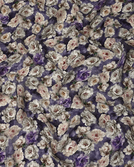 Purple Floral Printed Cotton Satin Fabric 110 Cms Width Soft Smooth Lustrous Dress Material India-D27965 - Regal Fabrics