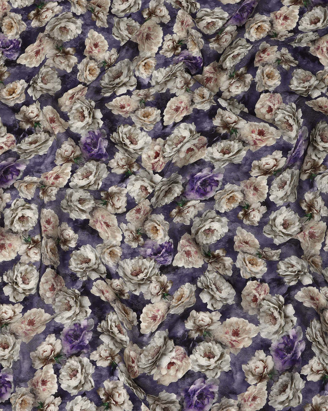 Purple Floral Printed Cotton Satin Fabric 110 Cms Width Soft Smooth Lustrous Dress Material India-D27965 - Regal Fabrics