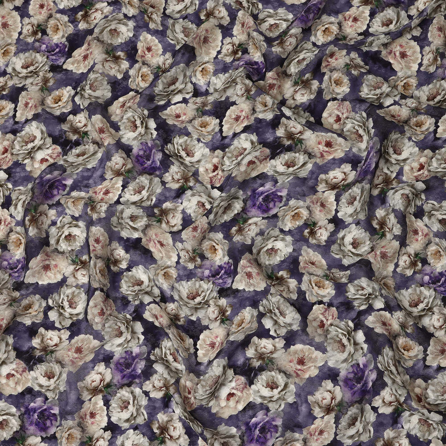 Purple Floral Printed Cotton Satin Fabric 110 Cms Width Soft Smooth Lustrous Dress Material India-D27965 - Regal Fabrics