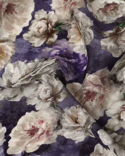 Purple Floral Printed Cotton Satin Fabric 110 Cms Width Soft Smooth Lustrous Dress Material India-D27965 - Regal Fabrics