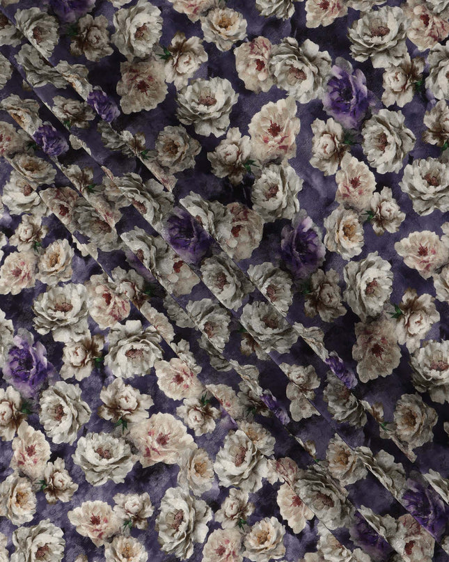 Purple Floral Printed Cotton Satin Fabric 110 Cms Width Soft Smooth Lustrous Dress Material India-D27965 - Regal Fabrics