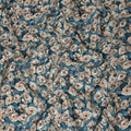 Teal Blue Vintage Floral Bouquet Print Viscose Crepe Fabric, 110 Cms Width, Made in India-D28260