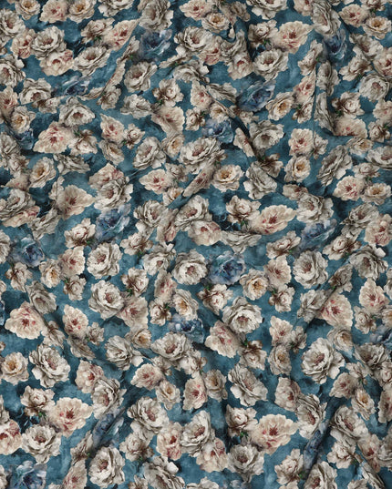 Teal Blue Vintage Floral Bouquet Print Viscose Crepe Fabric, 110 Cms Width, Made in India-D28260