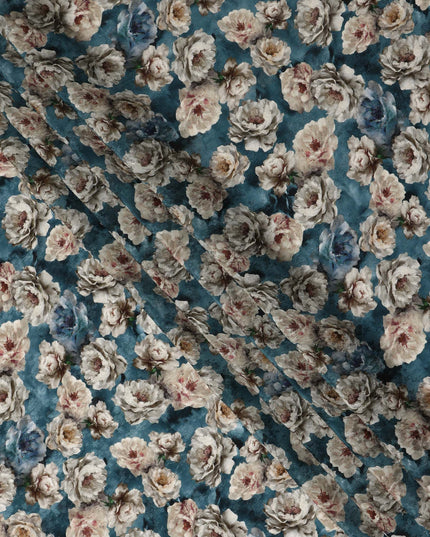 Teal Blue Vintage Floral Bouquet Print Viscose Crepe Fabric, 110 Cms Width, Made in India-D28260