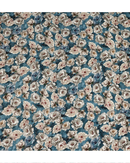Teal Blue Vintage Floral Bouquet Print Viscose Crepe Fabric, 110 Cms Width, Made in India-D28260