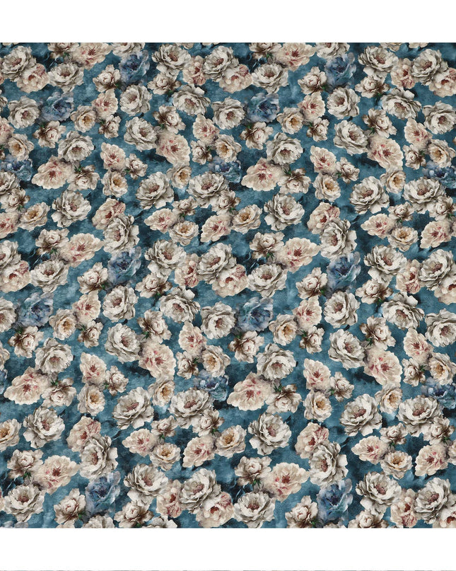 Teal Blue Vintage Floral Bouquet Print Viscose Crepe Fabric, 110 Cms Width, Made in India-D28260