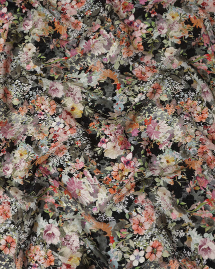 Black Multicolor Floral Printed Cotton Satin Fabric 110 Cms Width Soft Smooth Lustrous Dress Material India-D27969 - Regal Fabrics