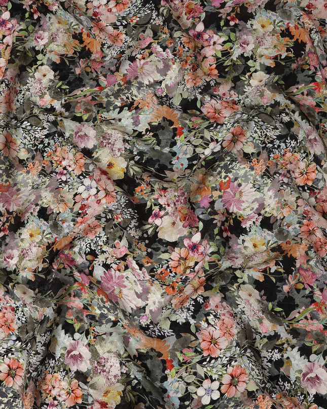 Black Multicolor Floral Printed Cotton Satin Fabric 110 Cms Width Soft Smooth Lustrous Dress Material India-D27969 - Regal Fabrics
