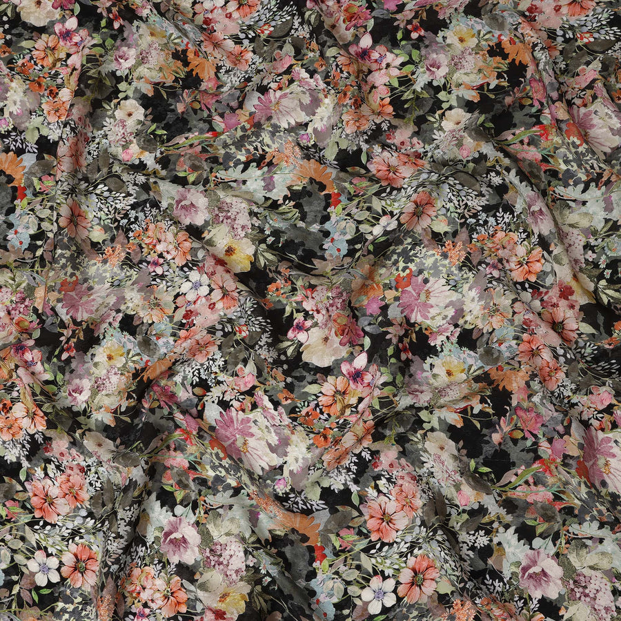 Black Multicolor Floral Printed Cotton Satin Fabric 110 Cms Width Soft Smooth Lustrous Dress Material India-D27969 - Regal Fabrics