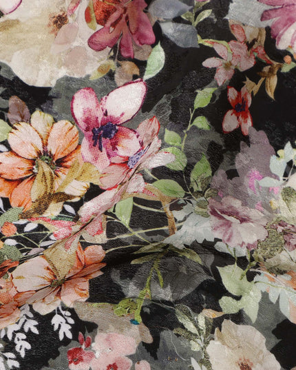 Black Multicolor Floral Printed Cotton Satin Fabric 110 Cms Width Soft Smooth Lustrous Dress Material India-D27969 - Regal Fabrics