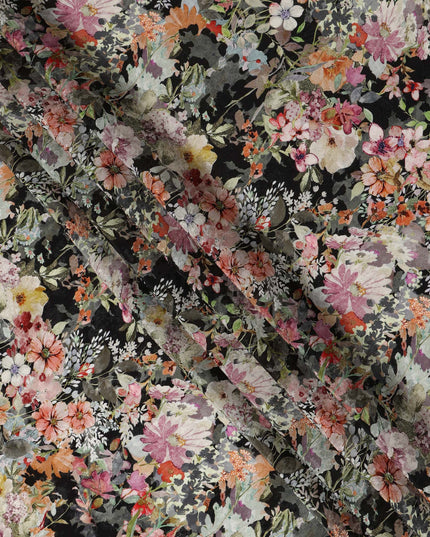 Black Multicolor Floral Printed Cotton Satin Fabric 110 Cms Width Soft Smooth Lustrous Dress Material India-D27969 - Regal Fabrics