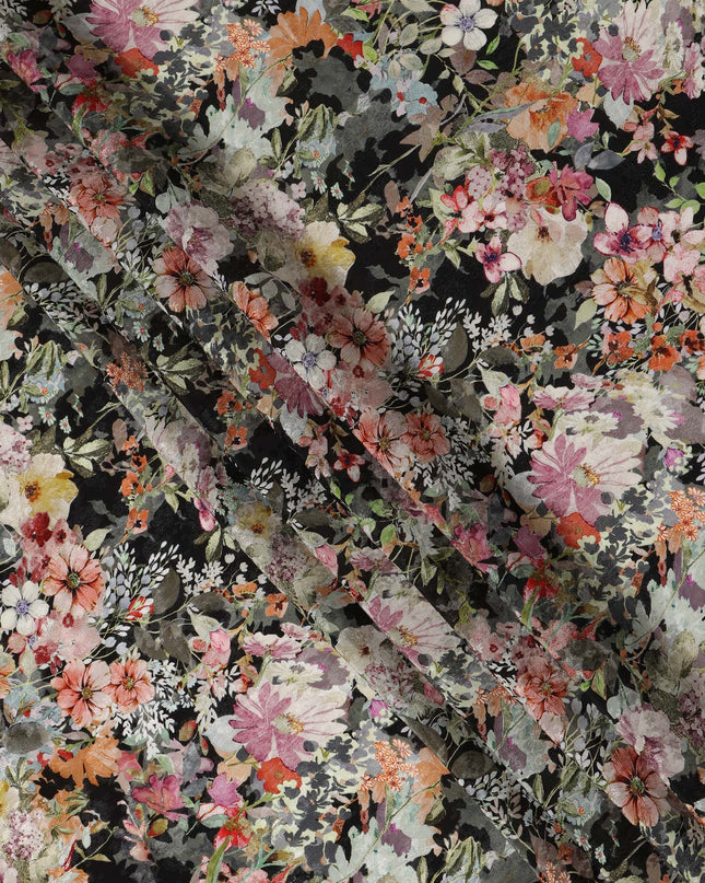 Black Multicolor Floral Printed Cotton Satin Fabric 110 Cms Width Soft Smooth Lustrous Dress Material India-D27969 - Regal Fabrics