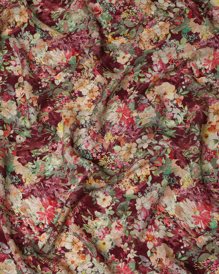 Burgundy Multicolor Floral Garden Print Viscose Crepe Fabric, 110 Cms Width, Made in India-D28258