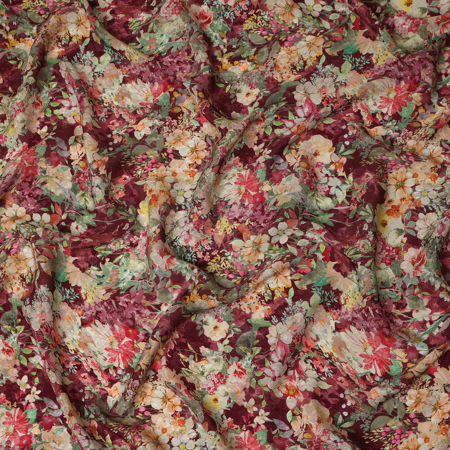 Burgundy Multicolor Floral Garden Print Viscose Crepe Fabric, 110 Cms Width, Made in India-D28258