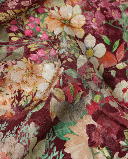 Burgundy Multicolor Floral Garden Print Viscose Crepe Fabric, 110 Cms Width, Made in India-D28258