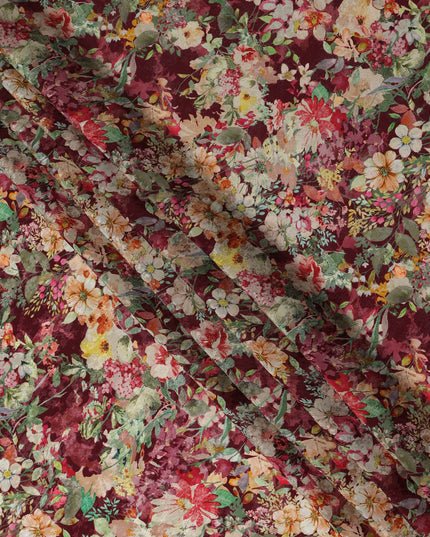 Burgundy Multicolor Floral Garden Print Viscose Crepe Fabric, 110 Cms Width, Made in India-D28258