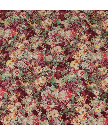 Burgundy Multicolor Floral Garden Print Viscose Crepe Fabric, 110 Cms Width, Made in India-D28258