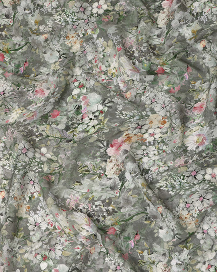 Grey Soft Floral Botanical Garden Print Viscose Crepe Fabric, 110 Cms Width, Made in India-D28262 Regal Fabrics