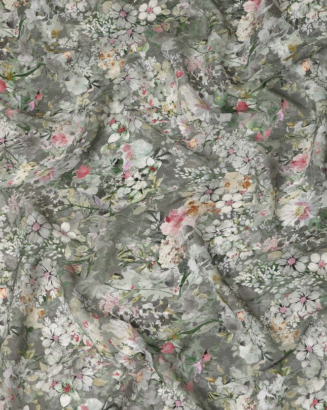 Grey Soft Floral Botanical Garden Print Viscose Crepe Fabric, 110 Cms Width, Made in India-D28262