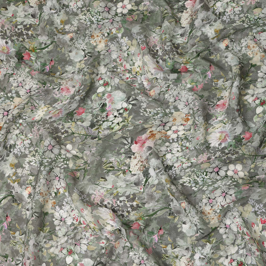 Grey Soft Floral Botanical Garden Print Viscose Crepe Fabric, 110 Cms Width, Made in India-D28262 Regal Fabrics