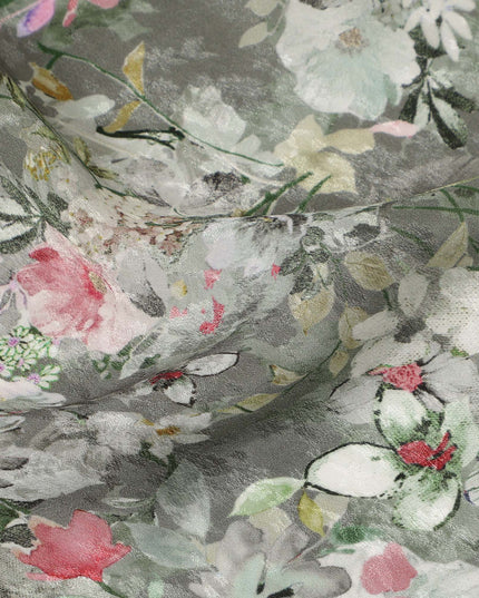 Grey Soft Floral Botanical Garden Print Viscose Crepe Fabric, 110 Cms Width, Made in India-D28262 Regal Fabrics