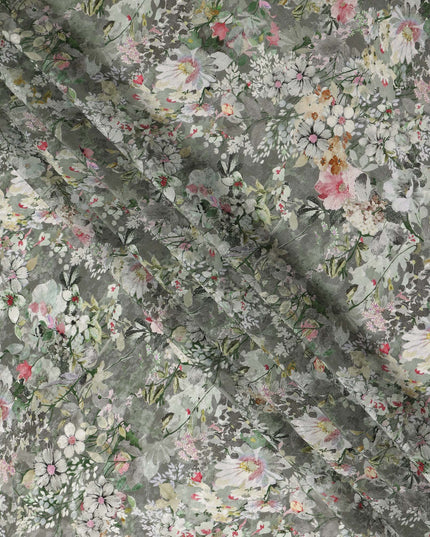 Grey Soft Floral Botanical Garden Print Viscose Crepe Fabric, 110 Cms Width, Made in India-D28262 Regal Fabrics