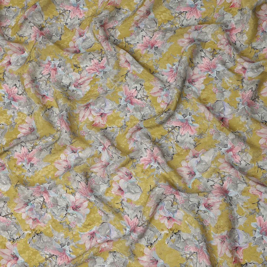 Yellow Watercolor Floral Print Viscose Crepe Fabric, 110 Cms Width, Made in India-D28257 Regal Fabrics