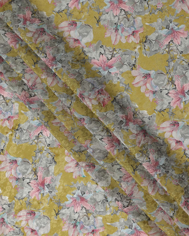 Yellow Watercolor Floral Print Viscose Crepe Fabric, 110 Cms Width, Made in India-D28257