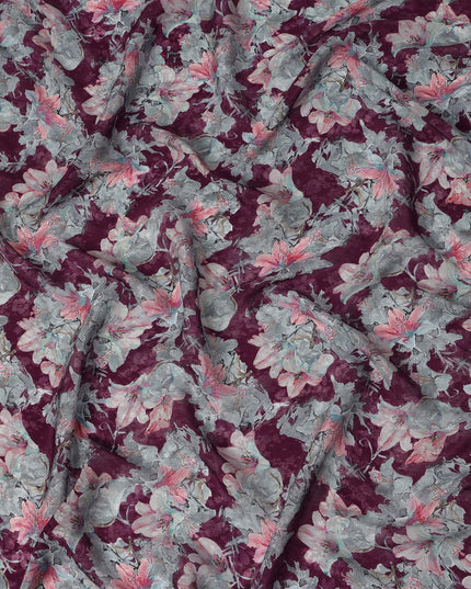 Wine Floral Printed Cotton Satin Fabric 110 Cms Width Soft Smooth Lustrous Dress Material India-D27964 Regal Fabrics