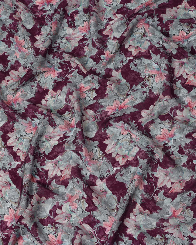 Wine Floral Printed Cotton Satin Fabric 110 Cms Width Soft Smooth Lustrous Dress Material India-D27964 Regal Fabrics