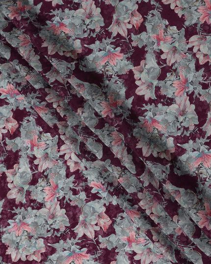 Wine Floral Printed Cotton Satin Fabric 110 Cms Width Soft Smooth Lustrous Dress Material India-D27964 - Regal Fabrics
