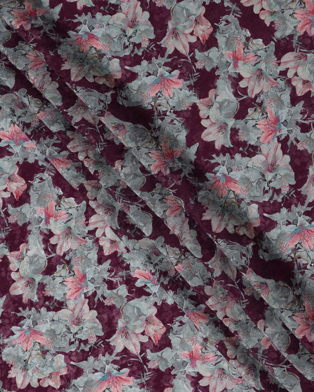 Wine Floral Printed Cotton Satin Fabric 110 Cms Width Soft Smooth Lustrous Dress Material India-D27964 - Regal Fabrics