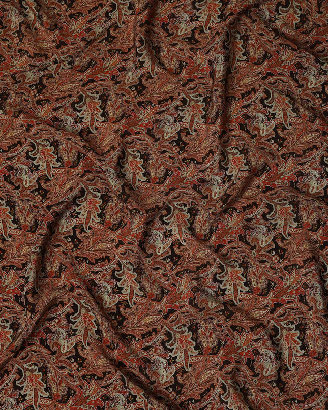 Dark Brown Rust Paisley Printed Cotton Satin Fabric 110 Cms Width India-D27974 - Regal Fabrics