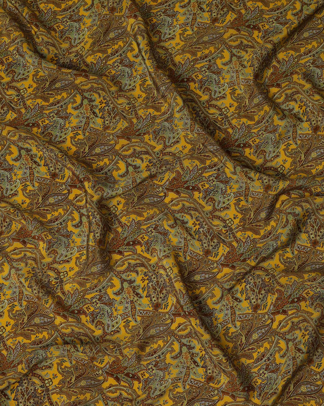 Mustard Yellow Paisley Printed Cotton Satin Fabric 110 Cms Width Soft Smooth Lustrous Dress Material India-D27970 - Regal Fabrics