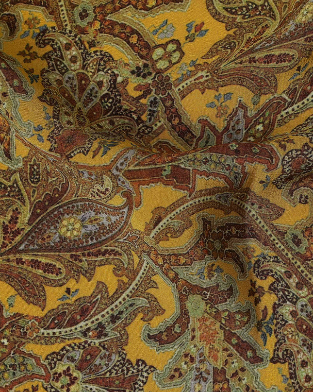 Mustard Yellow Paisley Printed Cotton Satin Fabric 110 Cms Width Soft Smooth Lustrous Dress Material India-D27970 - Regal Fabrics