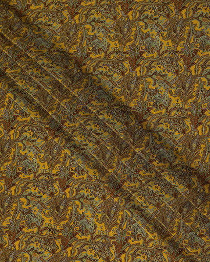 Mustard Yellow Paisley Printed Cotton Satin Fabric 110 Cms Width Soft Smooth Lustrous Dress Material India-D27970 - Regal Fabrics